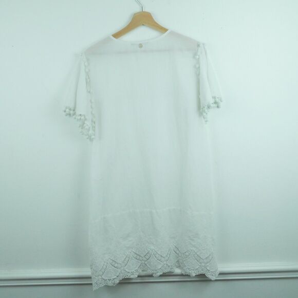 Amita Naithani Large Swim Cover Up White Embroidered Pompom Sheer Boho Vacation - Picture 7 of 9
